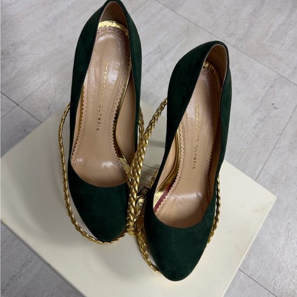 Charlotte Olympia Shoes - Charlotte Olympia Dolly Braid Heels Green Suede Gold Chain Platform Pumps 40